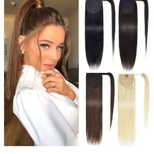 Ponytail Extension Human Hair Long Ponytail 18" 90g #60 Platinum Blonde